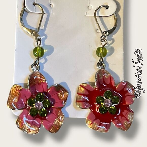 Bundle Sale 3 for $15 | Vibrant Flower Dangle Earrings with Green Beads - Picture 4 of 8